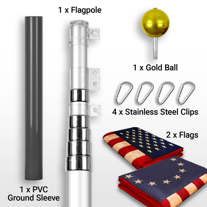 G128 Combo Pack: 20 Ft Telescoping Aluminum Flagpole (Silver) & American and Betsy Ross Tea Stained Flags 3x5 Ft, Both ToughWeave Series Embroidered Polyester | Pole with Flags Included