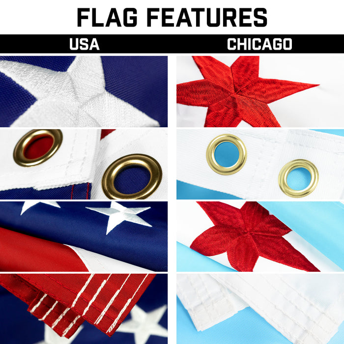 G128 Combo Pack: 20 Ft Telescoping Aluminum Flagpole (Silver) & American and Chicago  3x5 Ft, Both ToughWeave Series Embroidered Polyester | Pole with Flags Included