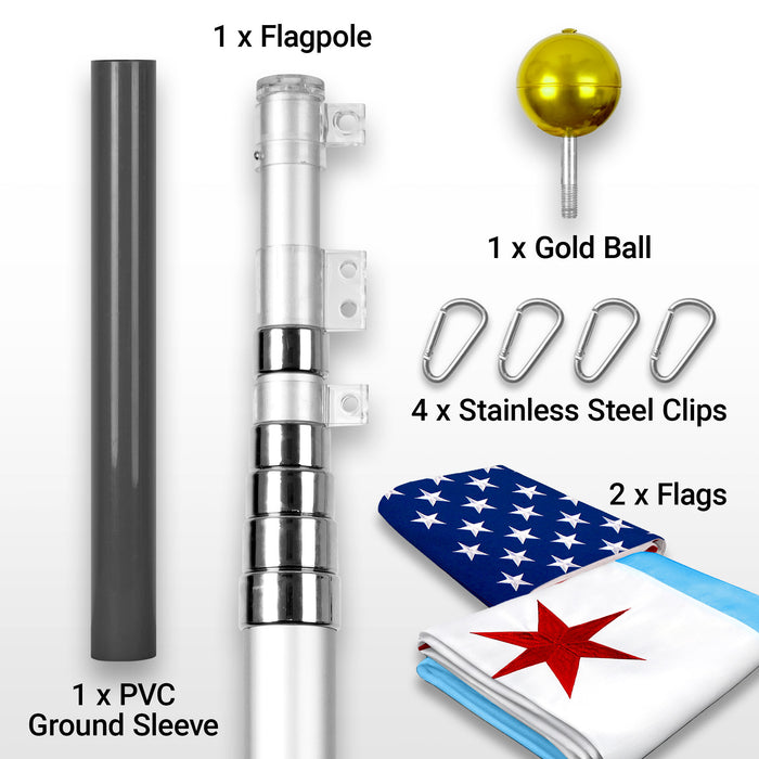 G128 Combo Pack: 20 Ft Telescoping Aluminum Flagpole (Silver) & American and Chicago  3x5 Ft, Both ToughWeave Series Embroidered Polyester | Pole with Flags Included