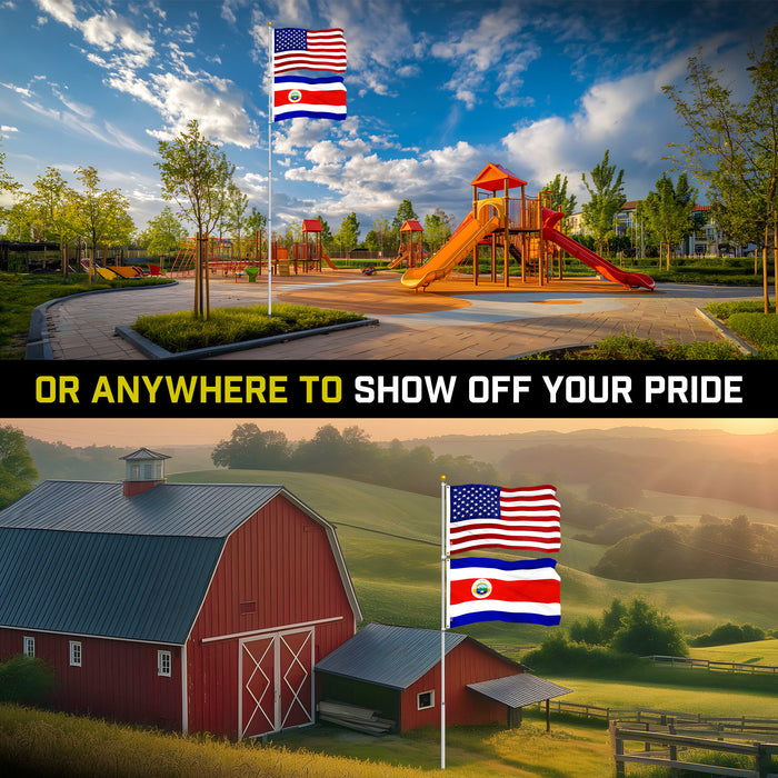 G128 Combo Pack: 25 Ft Telescoping Aluminum Flagpole (Silver) & American and Costa Rica Flags 3x5 Ft, Both ToughWeave Series Embroidered Polyester | Pole with Flags Included