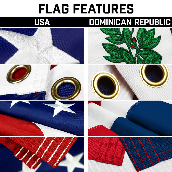 G128 Combo Pack: 25 Ft Telescoping Aluminum Flagpole (Silver) & American and Dominican Republic Flags 3x5 Ft, Both ToughWeave Series Embroidered Polyester | Pole with Flags Included