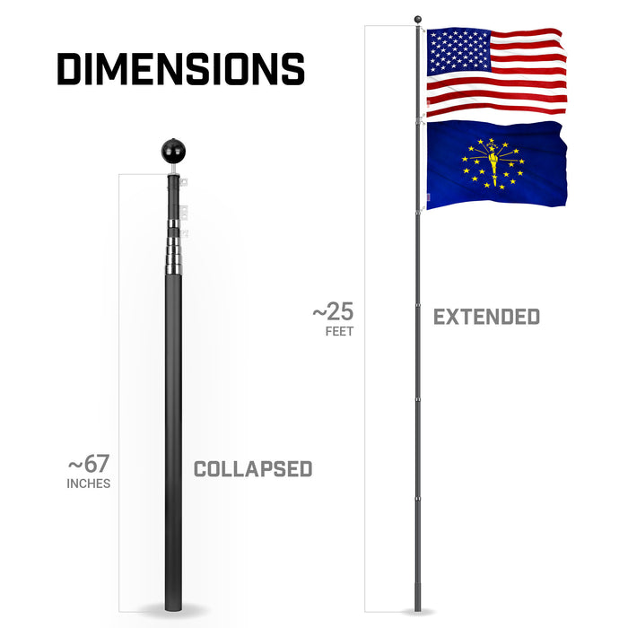 G128 Combo Pack: 25 Ft Telescoping Aluminum Flagpole (Black) & American and Indiana Flags 3x5 Ft, Both ToughWeave Series Embroidered Polyester | Pole with Flags Included