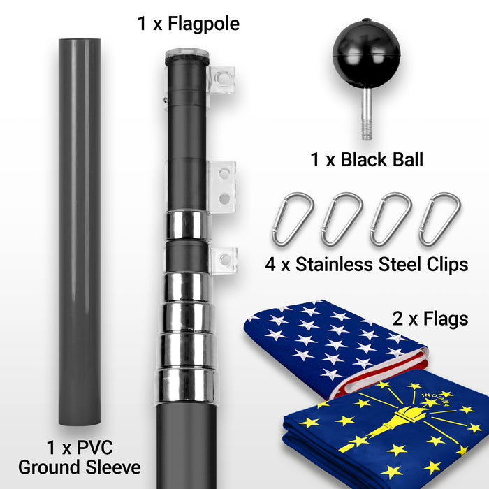 G128 Combo Pack: 25 Ft Telescoping Aluminum Flagpole (Black) & American and Indiana Flags 3x5 Ft, Both ToughWeave Series Embroidered Polyester | Pole with Flags Included