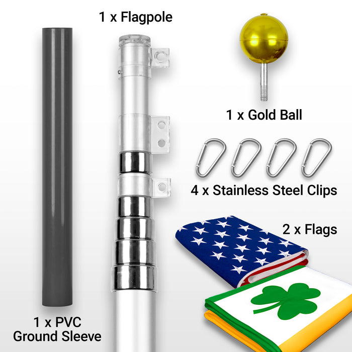 G128 Combo Pack: 20 Ft Telescoping Aluminum Flagpole (Silver) & American and Ireland Shamrock Flags 3x5 Ft, Both ToughWeave Series Embroidered Polyester | Pole with Flags Included