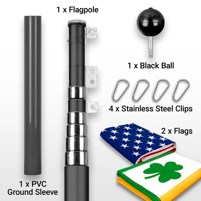 G128 Combo Pack: 25 Ft Telescoping Aluminum Flagpole (Black) & American and Ireland Shamrock Flags 3x5 Ft, Both ToughWeave Series Embroidered Polyester | Pole with Flags Included