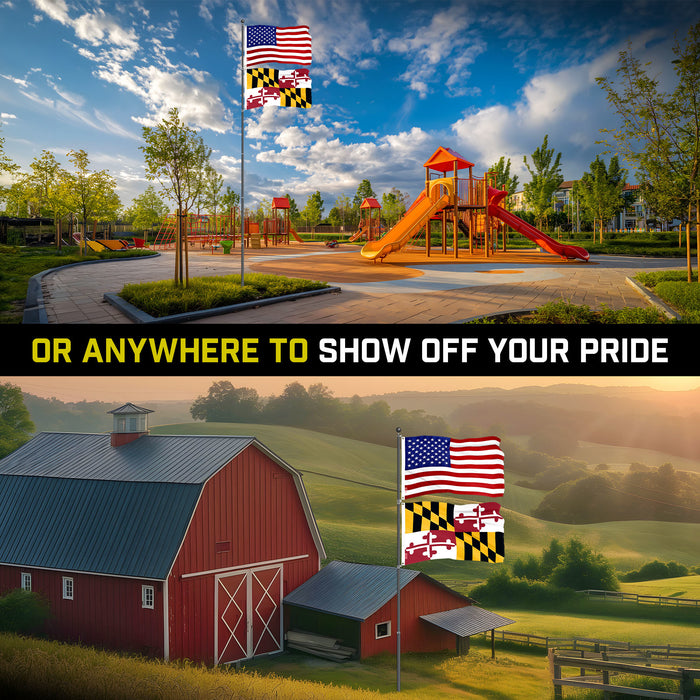 G128 Combo Pack: 20 Ft Telescoping Aluminum Flagpole (Black) & American and Maryland Flags 3x5 Ft, Both ToughWeave Series Embroidered Polyester | Pole with Flags Included