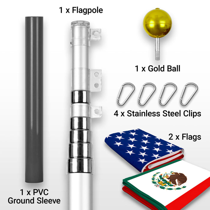 G128 Combo Pack: 20 Ft Telescoping Aluminum Flagpole (Silver) & American and Mexico Flags 3x5 Ft, Both ToughWeave Series Embroidered Polyester | Pole with Flags Included