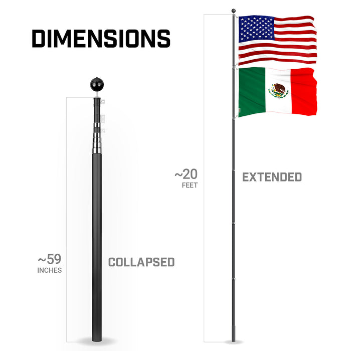 G128 Combo Pack: 20 Ft Telescoping Aluminum Flagpole (Black) & American and Mexico Flags 3x5 Ft, Both ToughWeave Series Embroidered Polyester | Pole with Flags Included