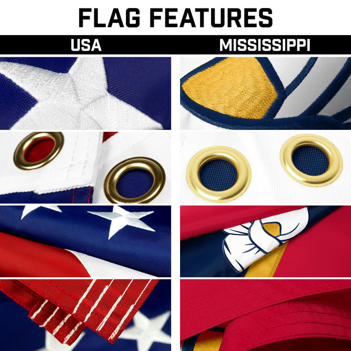 G128 Combo Pack: 25 Ft Telescoping Aluminum Flagpole (Black) & American and Mississippi Magnolia Flags 3x5 Ft, Both ToughWeave Series Embroidered Polyester | Pole with Flags Included