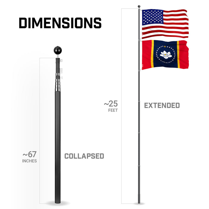 G128 Combo Pack: 25 Ft Telescoping Aluminum Flagpole (Black) & American and Mississippi Magnolia Flags 3x5 Ft, Both ToughWeave Series Embroidered Polyester | Pole with Flags Included