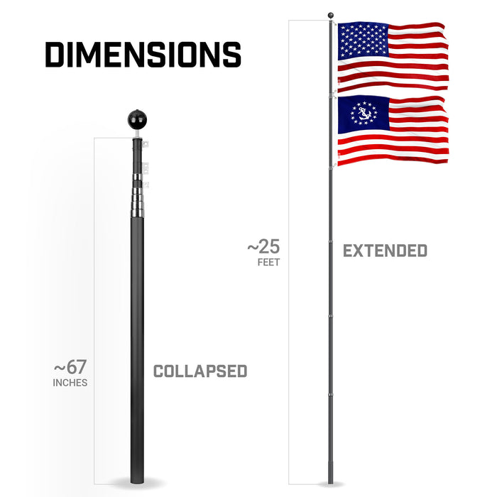 G128 Combo Pack: 25 Ft Telescoping Aluminum Flagpole (Black) & American and USA Yacht Ensign Flags 3x5 Ft, Both ToughWeave Series Embroidered Polyester | Pole with Flags Included
