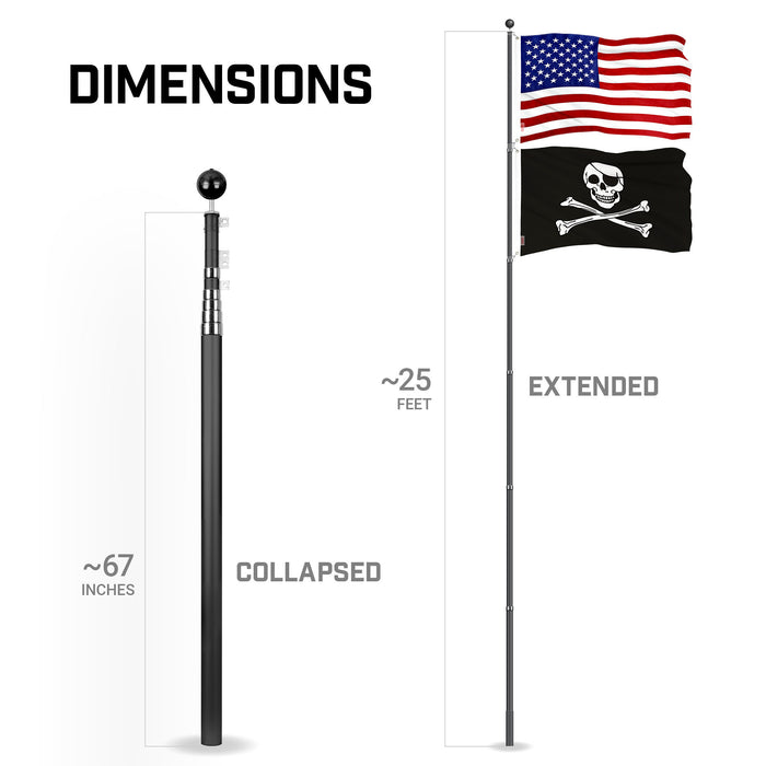 G128 Combo Pack: 25 Ft Telescoping Aluminum Flagpole (Black) & American and Pirate Jolly Roger Bones Flags 3x5 Ft, Both ToughWeave Series Embroidered Polyester | Pole with Flags Included
