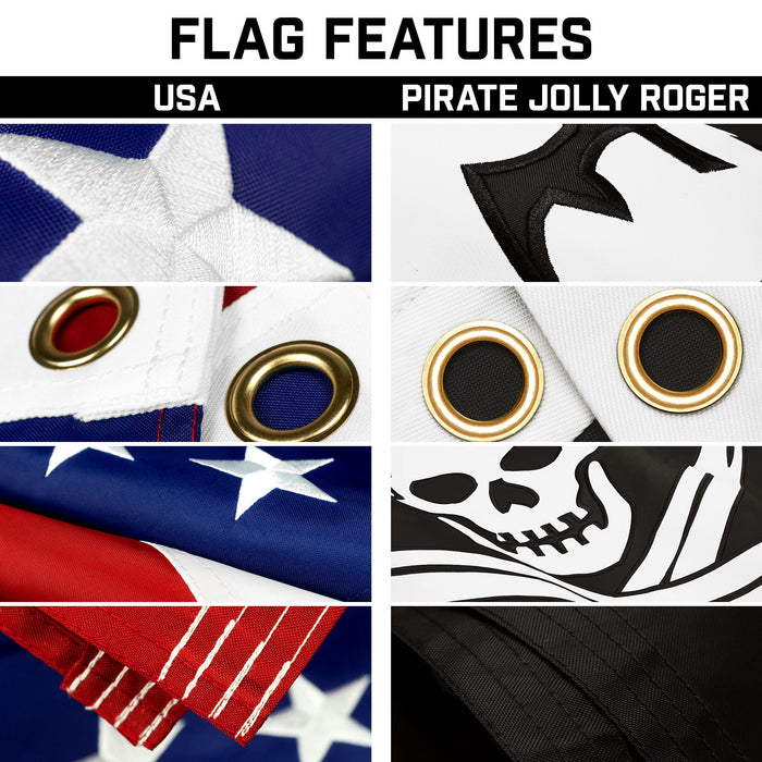 G128 Combo Pack: 20 Ft Telescoping Aluminum Flagpole (Silver) & American and Pirate Jolly Roger Swords Flags 3x5 Ft, Both ToughWeave Series Embroidered Polyester | Pole with Flags Included