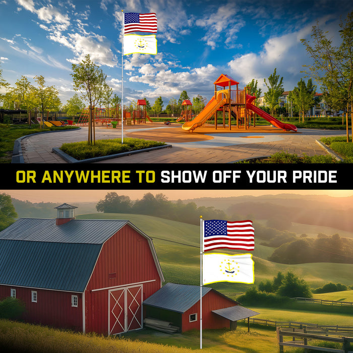 G128 Combo Pack: 25 Ft Telescoping Aluminum Flagpole (Silver) & American and Rhode Island Flags 3x5 Ft, Both ToughWeave Series Embroidered Polyester | Pole with Flags Included