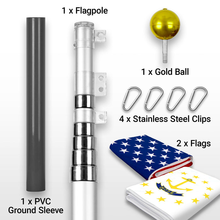 G128 Combo Pack: 20 Ft Telescoping Aluminum Flagpole (Silver) & American and Rhode Island Flags 3x5 Ft, Both ToughWeave Series Embroidered Polyester | Pole with Flags Included