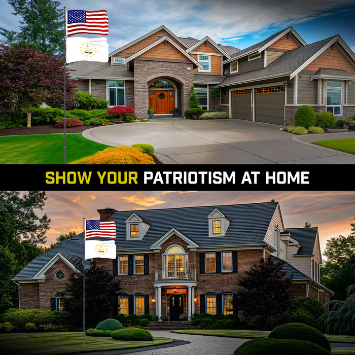 G128 Combo Pack: 25 Ft Telescoping Aluminum Flagpole (Black) & American and Rhode Island No Golden Border Flags 3x5 Ft, Both ToughWeave Series Embroidered Polyester | Pole with Flags Included