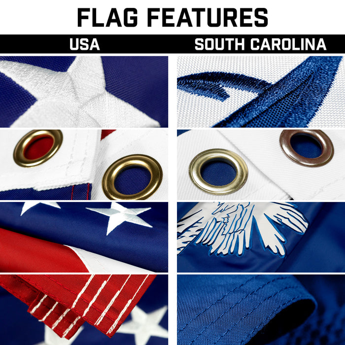 G128 Combo Pack: 25 Ft Telescoping Aluminum Flagpole (Black) & American and South Carolina Flags 3x5 Ft, Both ToughWeave Series Embroidered Polyester | Pole with Flags Included