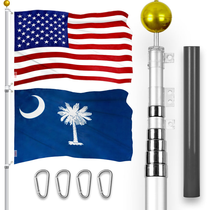 G128 Combo Pack: 25 Ft Telescoping Aluminum Flagpole (Silver) & American and South Carolina Flags 3x5 Ft, Both ToughWeave Series Embroidered Polyester | Pole with Flags Included