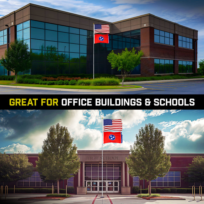 G128 Combo Pack: 25 Ft Telescoping Aluminum Flagpole (Silver) & American and Tennessee Flags 3x5 Ft, Both ToughWeave Series Embroidered Polyester | Pole with Flags Included