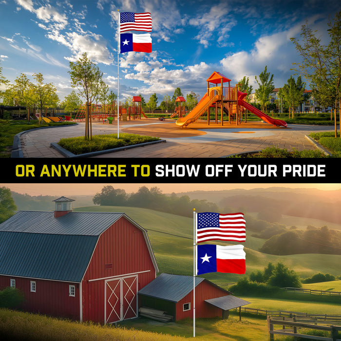 G128 Combo Pack: 20 Ft Telescoping Aluminum Flagpole (Silver) & American and Texas Flags 3x5 Ft, Both ToughWeave Series Embroidered Polyester | Pole with Flags Included