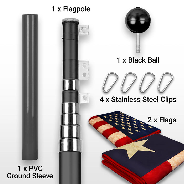 G128 Combo Pack: 25 Ft Telescoping Aluminum Flagpole (Black) & American and Texas Tea Stained Flags 3x5 Ft, Both ToughWeave Series Embroidered Polyester | Pole with Flags Included