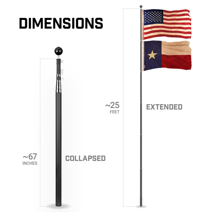 G128 Combo Pack: 25 Ft Telescoping Aluminum Flagpole (Black) & American and Texas Tea Stained Flags 3x5 Ft, Both ToughWeave Series Embroidered Polyester | Pole with Flags Included