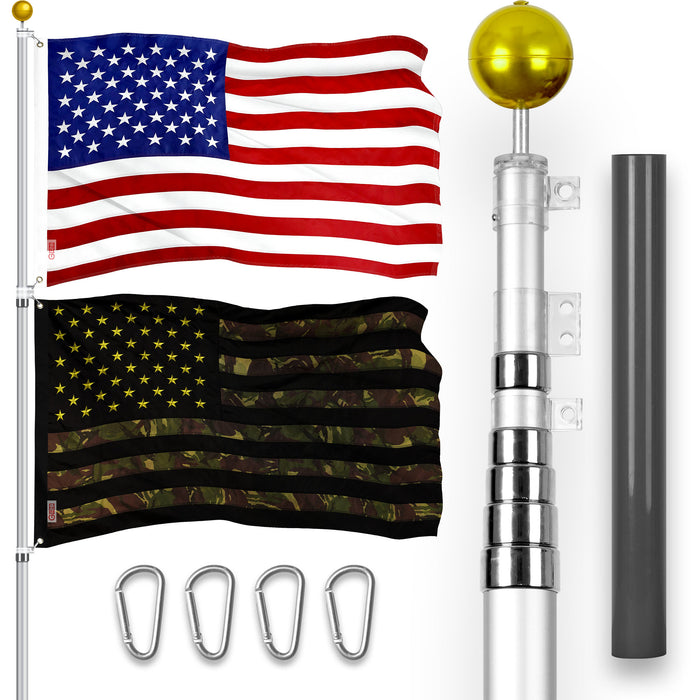 G128 Combo Pack: 20 Ft Telescoping Aluminum Flagpole (Silver) & American and USA Camouflage Flags 3x5 Ft, Both ToughWeave Series Embroidered Polyester | Pole with Flags Included