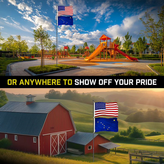 G128 Combo Pack: 25 Ft Telescoping Aluminum Flagpole (Black) & American and Alaska Flags 3x5 Ft, Both ToughWeave Series Embroidered Polyester | Pole with Flags Included