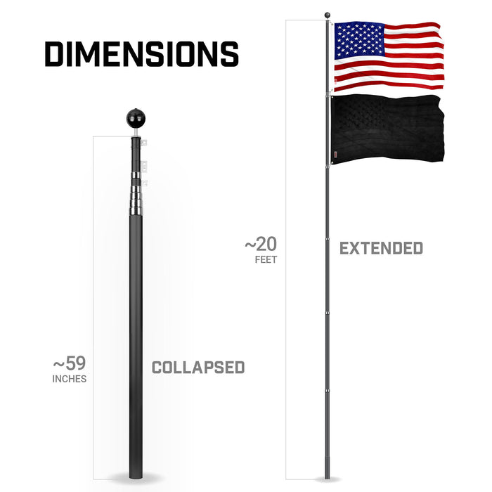 G128 Combo Pack: 20 Ft Telescoping Aluminum Flagpole (Black) & American and All Black USA Flags 3x5 Ft, Both ToughWeave Series Embroidered Polyester | Pole with Flags Included