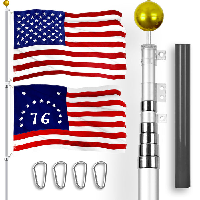 G128 Combo Pack: 25 Ft Telescoping Aluminum Flagpole (Silver) & American and Bennington Flags 3x5 Ft, Both ToughWeave Series Embroidered Polyester | Pole with Flags Included
