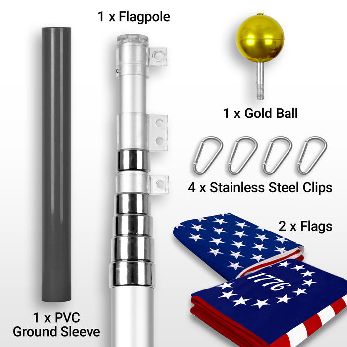 G128 Combo Pack: 25 Ft Telescoping Aluminum Flagpole (Silver) & American and Betsy Ross 1776 Flags 3x5 Ft, Both ToughWeave Series Embroidered Polyester | Pole with Flags Included