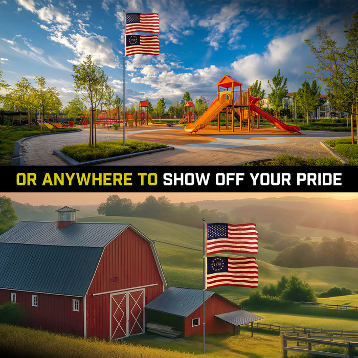 G128 Combo Pack: 25 Ft Telescoping Aluminum Flagpole (Black) & American and Betsy Ross 1776 Tea Stained Flags 3x5 Ft, Both ToughWeave Series Embroidered Polyester | Pole with Flags Included
