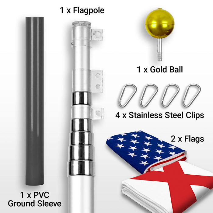 G128 Combo Pack: 25 Ft Telescoping Aluminum Flagpole (Silver) & American and Costa Rica Flags 3x5 Ft, Both ToughWeave Series Embroidered Polyester | Pole with Flags Included