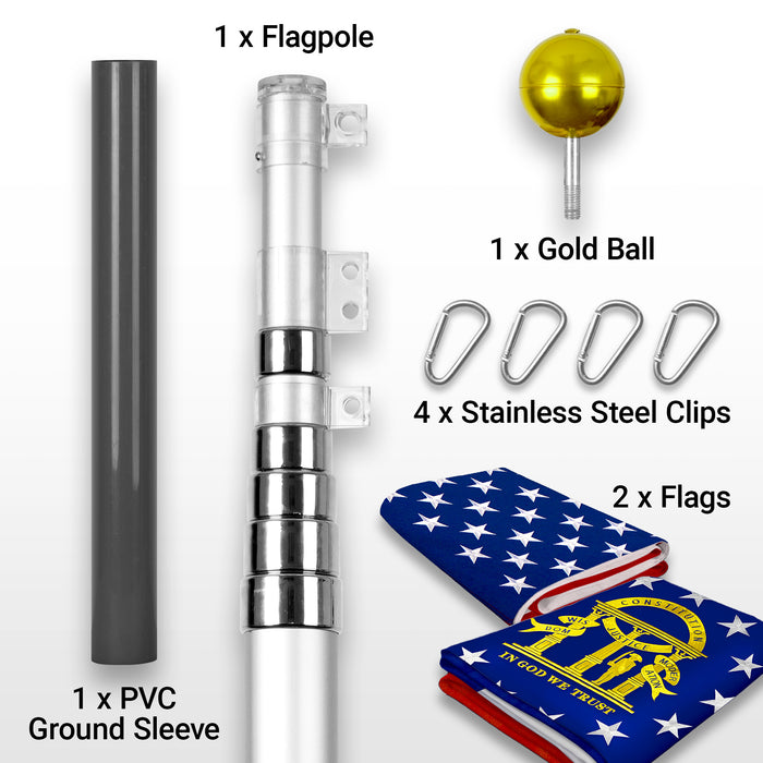 G128 Combo Pack: 20 Ft Telescoping Aluminum Flagpole (Silver) & American and Georgia Flags 3x5 Ft, Both ToughWeave Series Embroidered Polyester | Pole with Flags Included
