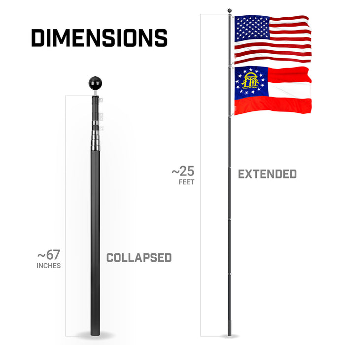 G128 Combo Pack: 25 Ft Telescoping Aluminum Flagpole (Black) & American and Georgia Flags 3x5 Ft, Both ToughWeave Series Embroidered Polyester | Pole with Flags Included