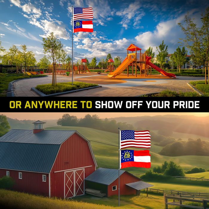 G128 Combo Pack: 25 Ft Telescoping Aluminum Flagpole (Black) & American and Georgia Flags 3x5 Ft, Both ToughWeave Series Embroidered Polyester | Pole with Flags Included