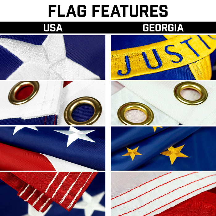 G128 Combo Pack: 25 Ft Telescoping Aluminum Flagpole (Black) & American and Georgia Flags 3x5 Ft, Both ToughWeave Series Embroidered Polyester | Pole with Flags Included