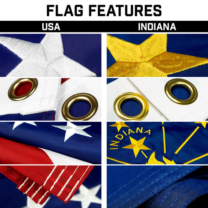 G128 Combo Pack: 25 Ft Telescoping Aluminum Flagpole (Black) & American and Indiana Flags 3x5 Ft, Both ToughWeave Series Embroidered Polyester | Pole with Flags Included