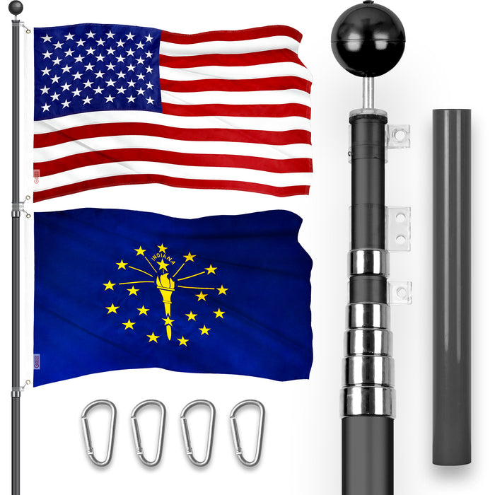 G128 Combo Pack: 25 Ft Telescoping Aluminum Flagpole (Black) & American and Indiana Flags 3x5 Ft, Both ToughWeave Series Embroidered Polyester | Pole with Flags Included