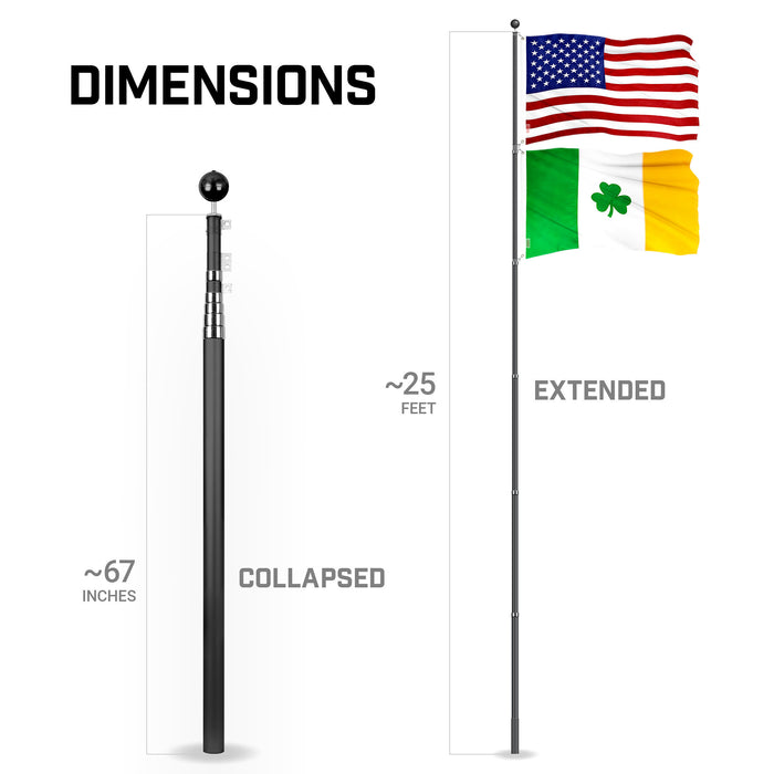G128 Combo Pack: 25 Ft Telescoping Aluminum Flagpole (Black) & American and Ireland Shamrock Flags 3x5 Ft, Both ToughWeave Series Embroidered Polyester | Pole with Flags Included