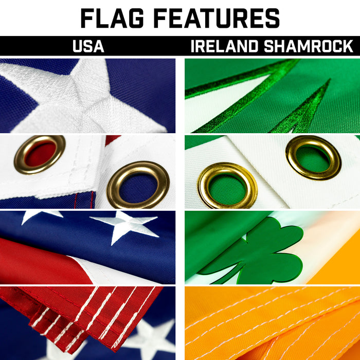 G128 Combo Pack: 25 Ft Telescoping Aluminum Flagpole (Black) & American and Ireland Shamrock Flags 3x5 Ft, Both ToughWeave Series Embroidered Polyester | Pole with Flags Included