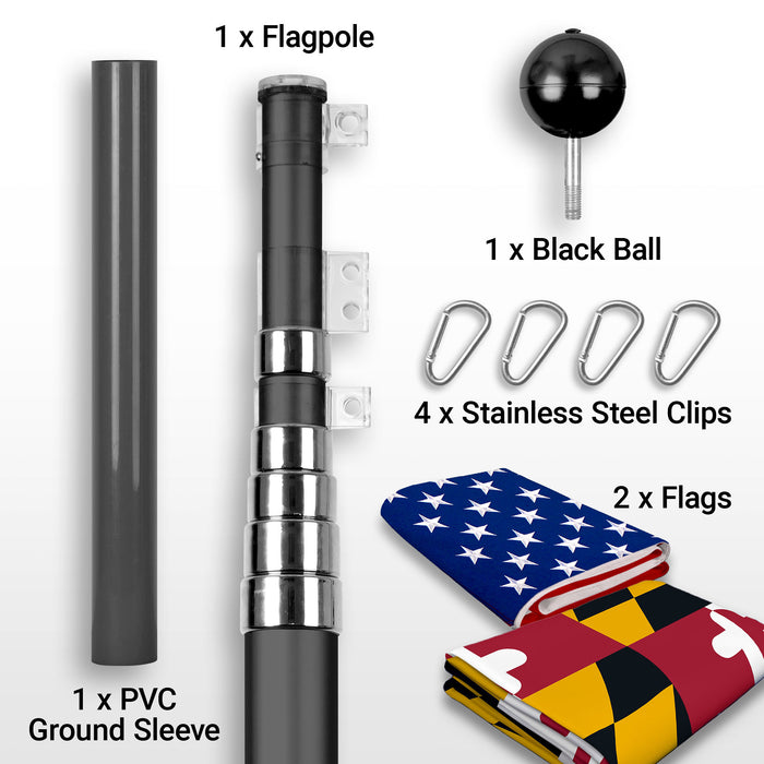 G128 Combo Pack: 20 Ft Telescoping Aluminum Flagpole (Black) & American and Maryland Flags 3x5 Ft, Both ToughWeave Series Embroidered Polyester | Pole with Flags Included
