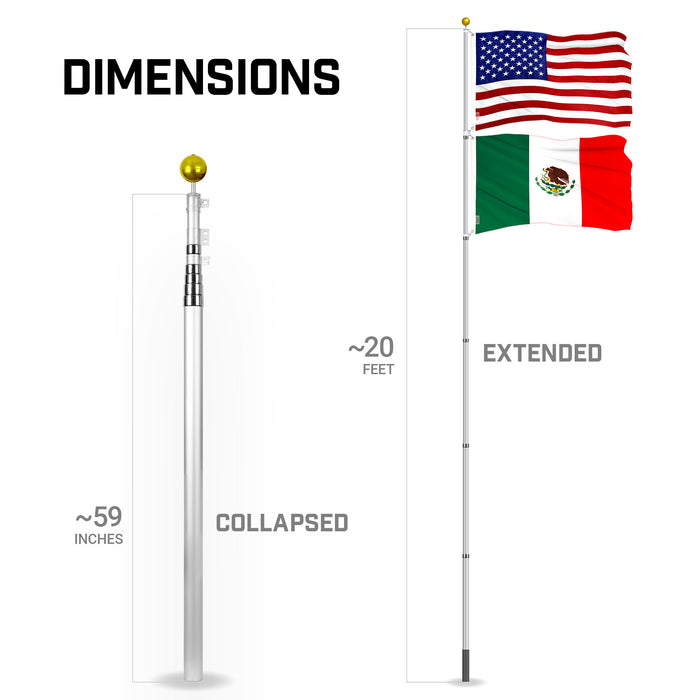 G128 Combo Pack: 20 Ft Telescoping Aluminum Flagpole (Silver) & American and Mexico Flags 3x5 Ft, Both ToughWeave Series Embroidered Polyester | Pole with Flags Included