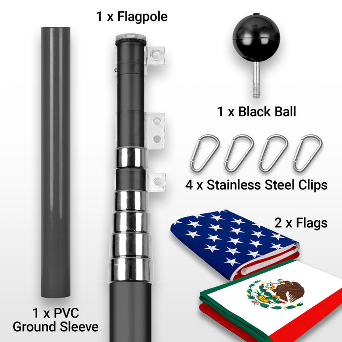 G128 Combo Pack: 20 Ft Telescoping Aluminum Flagpole (Black) & American and Mexico Flags 3x5 Ft, Both ToughWeave Series Embroidered Polyester | Pole with Flags Included