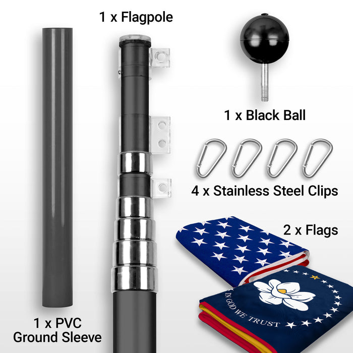 G128 Combo Pack: 25 Ft Telescoping Aluminum Flagpole (Black) & American and Mississippi Magnolia Flags 3x5 Ft, Both ToughWeave Series Embroidered Polyester | Pole with Flags Included