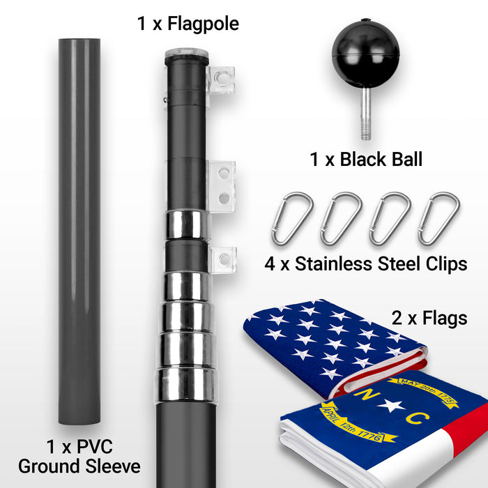 G128 Combo Pack: 20 Ft Telescoping Aluminum Flagpole (Black) & American and North Carolina Flags 3x5 Ft, Both ToughWeave Series Embroidered Polyester | Pole with Flags Included