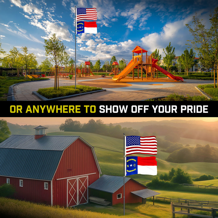 G128 Combo Pack: 20 Ft Telescoping Aluminum Flagpole (Black) & American and North Carolina Flags 3x5 Ft, Both ToughWeave Series Embroidered Polyester | Pole with Flags Included