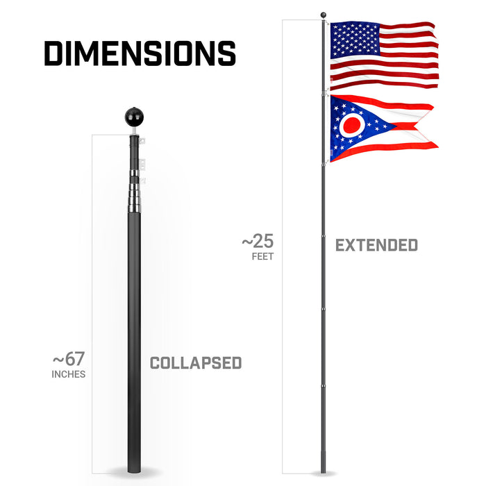 G128 Combo Pack: 25 Ft Telescoping Aluminum Flagpole (Black) & American and Ohio Flags 3x5 Ft, Both ToughWeave Series Embroidered Polyester | Pole with Flags Included