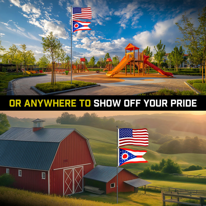 G128 Combo Pack: 25 Ft Telescoping Aluminum Flagpole (Black) & American and Ohio Flags 3x5 Ft, Both ToughWeave Series Embroidered Polyester | Pole with Flags Included