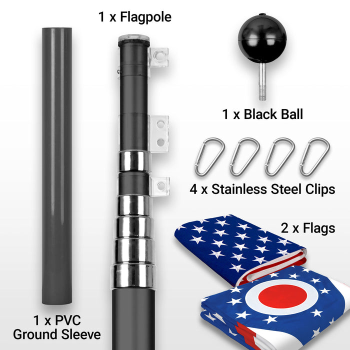 G128 Combo Pack: 25 Ft Telescoping Aluminum Flagpole (Black) & American and Ohio Flags 3x5 Ft, Both ToughWeave Series Embroidered Polyester | Pole with Flags Included